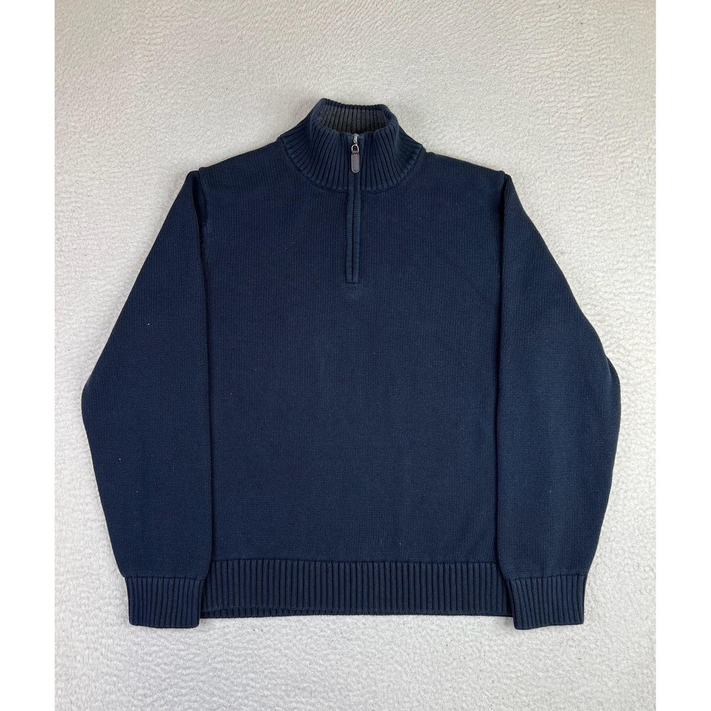 LL Bean Sweater Mens Medium Blue Cotton 1/4 Zip Mock Neck Tight-Knit Pullover